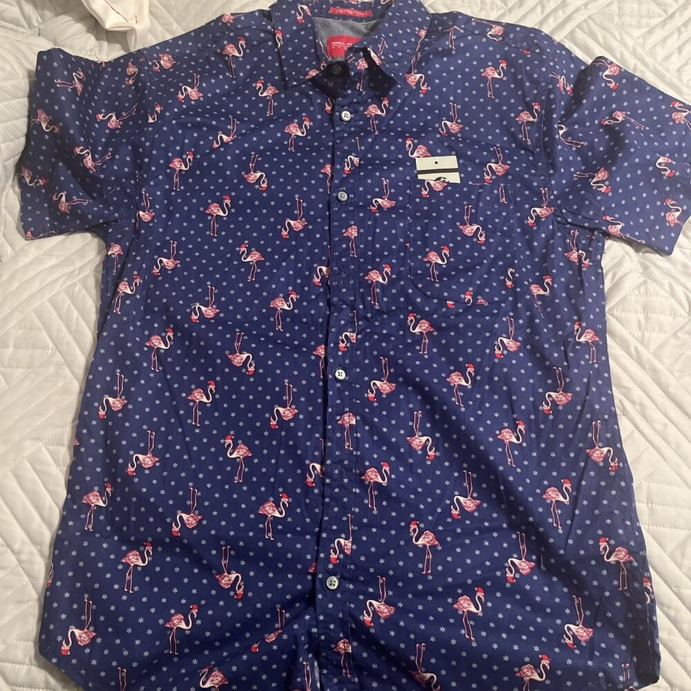 Drill Clothing Co Mens Flamingo Holiday Shirt L Snowflakes Blue Stretch Santa